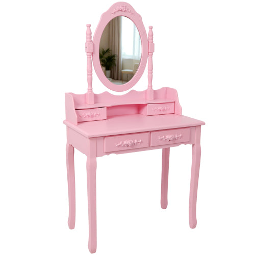 Pink Princess Vanity Desk Set with Mirror & Cushioned Stool, 4-Drawer Wooden Makeup Vanity Table for Girls' Bedroom, Dressing Table with Ample Storage