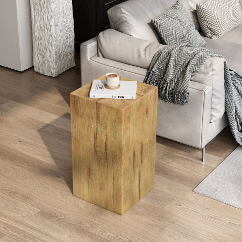 Wood-Look Square-Column MGO End Table, H27.75",Wood-Like Distressed Finish, Mix with Different Heights, Indoor Outdoor Use,Natural Color