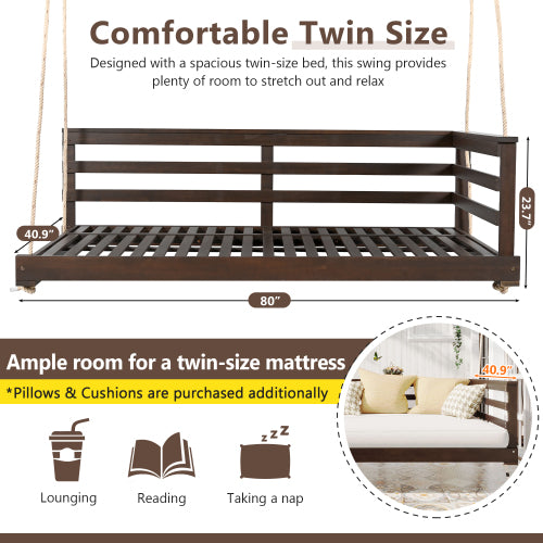 Country Patio Wooden Twin Size Swing Daybed Porch Swing Frame with 4pcs 96-inch Hemp Ropes for Backyard, Garden, Brown