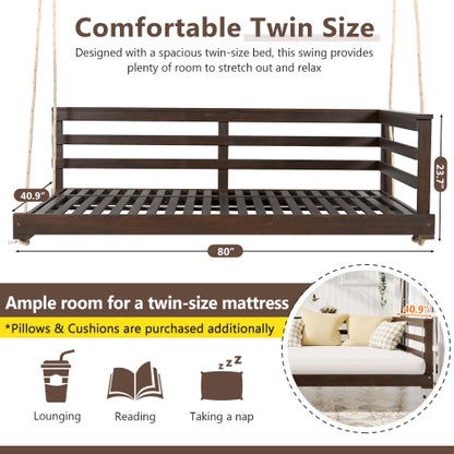 Country Patio Wooden Twin Size Swing Daybed Porch Swing Frame with 4pcs 96-inch Hemp Ropes for Backyard, Garden, Brown