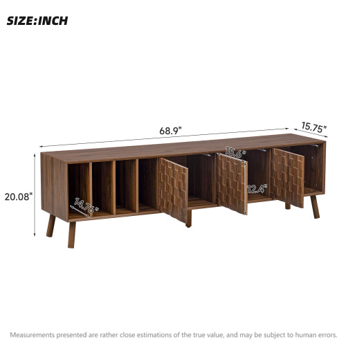 68 inch Mid-Century Modern TV Stand with Solid Wood Legs, Storage Cabinets & Open Shelves
