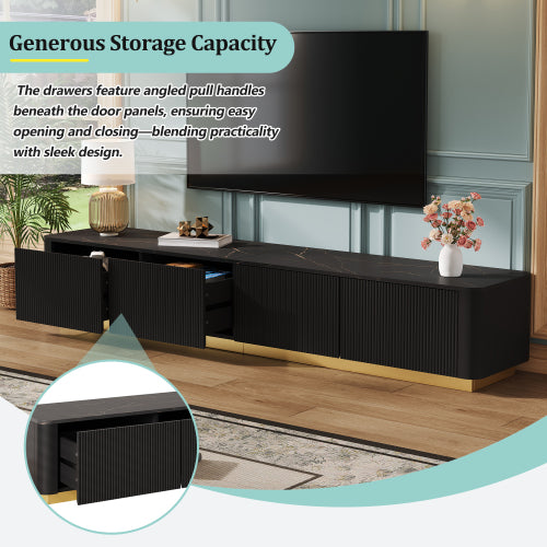 Luxury Fluted TV Stand with Faux Marble Top Black Entertainment Center
