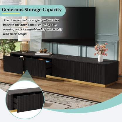 Luxury Fluted TV Stand with Faux Marble Top Black Entertainment Center