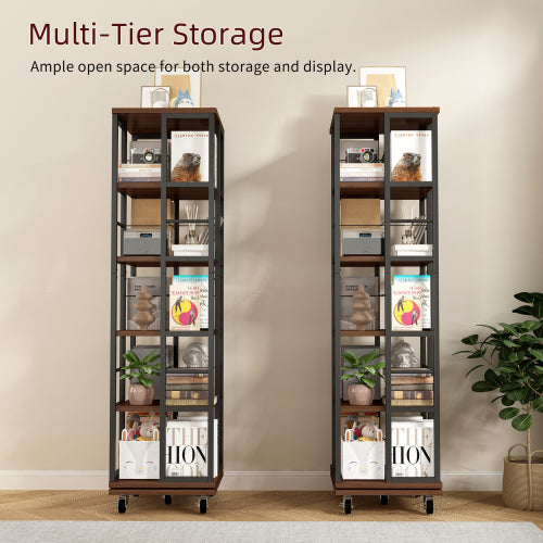 5-Tier Rotating Corner Bookcase 360¡ã Wood Display Shelf Rustic Brown