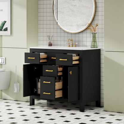 36'' Bathroom Vanity with Ceramic Sink Combo Set,Modern Freestanding Single Bathroom Cabinet with 4 Drawers & 2 Cabinets,Storage Cabinet for Bathroom, Solid Wood Frame Vanity Set, Black