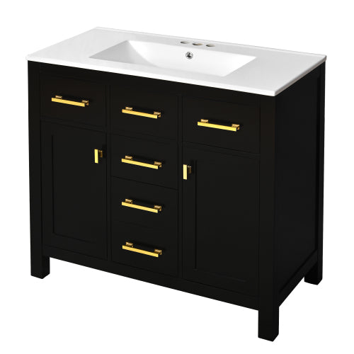36'' Bathroom Vanity with Ceramic Sink Combo Set,Modern Freestanding Single Bathroom Cabinet with 4 Drawers & 2 Cabinets,Storage Cabinet for Bathroom, Solid Wood Frame Vanity Set, Black