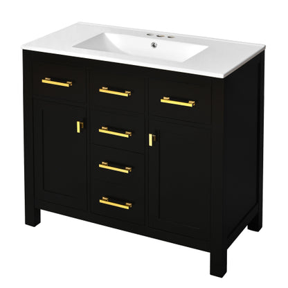 36'' Bathroom Vanity with Ceramic Sink Combo Set,Modern Freestanding Single Bathroom Cabinet with 4 Drawers & 2 Cabinets,Storage Cabinet for Bathroom, Solid Wood Frame Vanity Set, Black