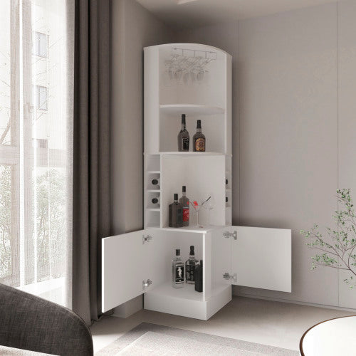 Beijing Corner Bar Cabinet, Glass Rack, Double Door Cabinet, Eight Built-In Wine Rack, Bar, Liquor Storage, White
