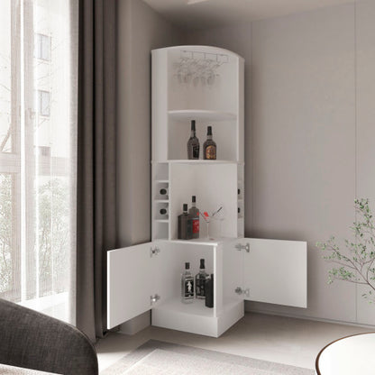 Beijing Corner Bar Cabinet, Glass Rack, Double Door Cabinet, Eight Built-In Wine Rack, Bar, Liquor Storage, White