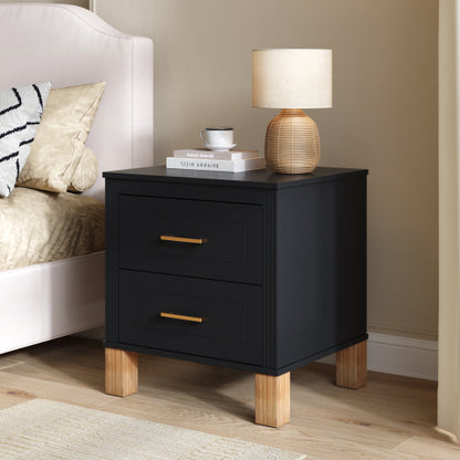 Black Fluted Nightstand, 2-Drawer Bedside Table with Metal Handles & Solid Wood Legs