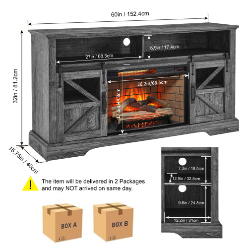 60 Inch Electric Fireplace Entertainment Center With Door Sensor-Dark Rustic Oak