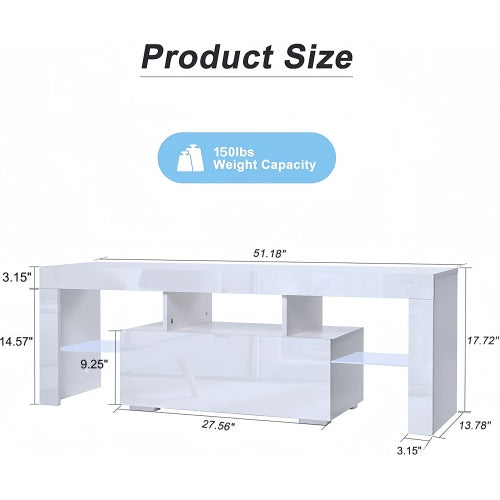 51 Inch High Gloss White LED TV Stand with Flip Door & Glass Shelf for 55 Inch TV