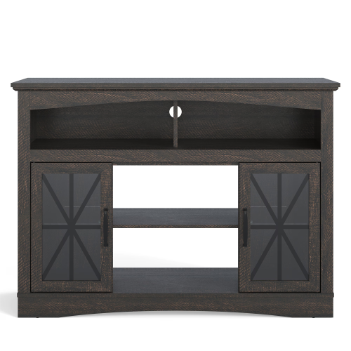 47 Inch Brown Farmhouse Retro TV Stand with Tempered Glass Doors, LED Lights & Adjustable Shelves