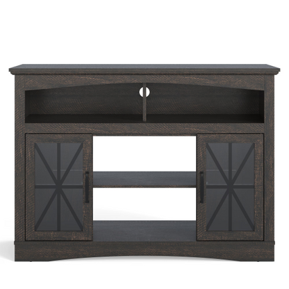 47 Inch Brown Farmhouse Retro TV Stand with Tempered Glass Doors, LED Lights & Adjustable Shelves