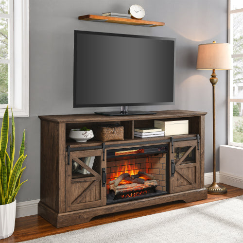 60 Inch Electric Fireplace Entertainment Center With Door Sensor-Reclaimed Barnwood Color