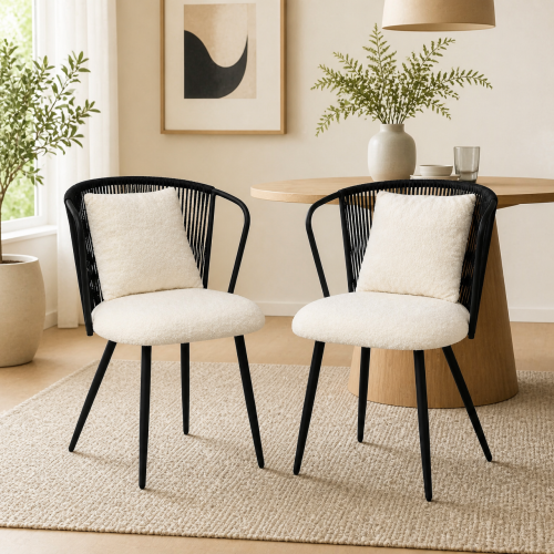PE Rattan Dining Armchairs with Teddy Cushions and Pillows, Set of 2, Black