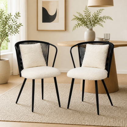 PE Rattan Dining Armchairs with Teddy Cushions and Pillows, Set of 2, Black