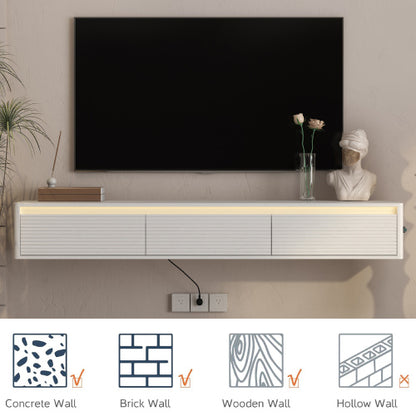 Fluted Floating Wall Mount TV Shelf with Touch LED Lighting & Power Charging Ports for Living Room