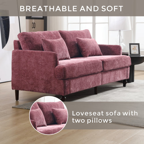 Mid-Century Modern Wine-Red Chenille 2-Seat Loveseat, Wood Legs