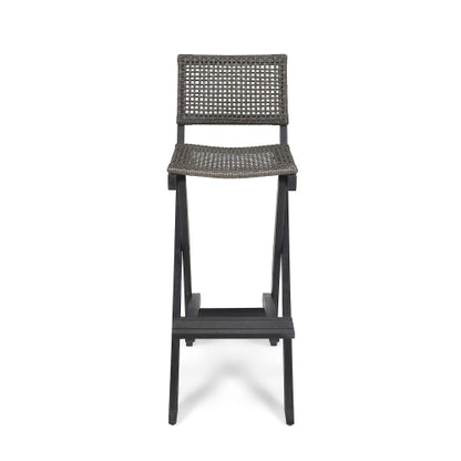 41.75" Outdoor Folding Acacia Wood Barstools with PE Rattan Backrest and Seat, Dark Grey Finish (Set of 2)