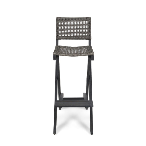 41.75" Outdoor Folding Acacia Wood Barstools with PE Rattan Backrest and Seat, Dark Grey Finish (Set of 2)