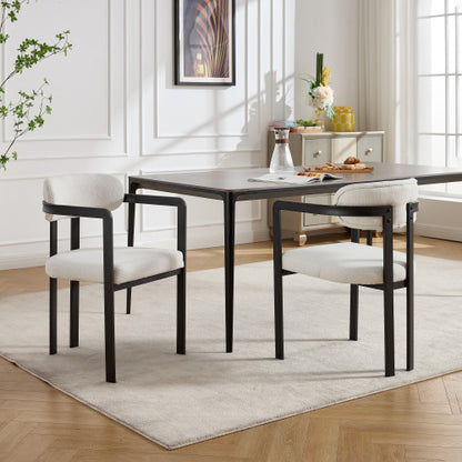 Modern Boucle Dining Chairs Set of 2, Mid-Century Upholstered Kitchen Chairs with Black Metal Legs