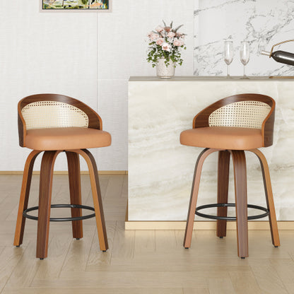 Swivel Bar Stools Set of 2, Modern Wood Frame with Rattan Back, PU Leather Stool for Kitchen Counter, Mid Century Upholstered Barstools with Footrest,Industrial Counter Height Stools