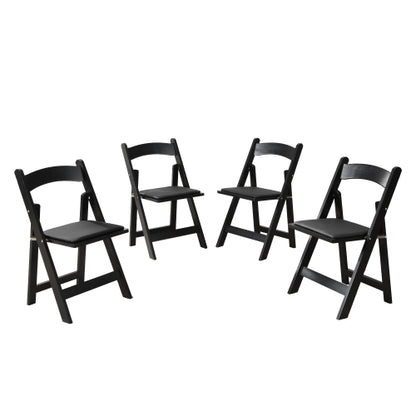 Set of 4 Folding Solid Wood Dining Chairs with PU Leather Cushions, Black Finish, Portable Seating