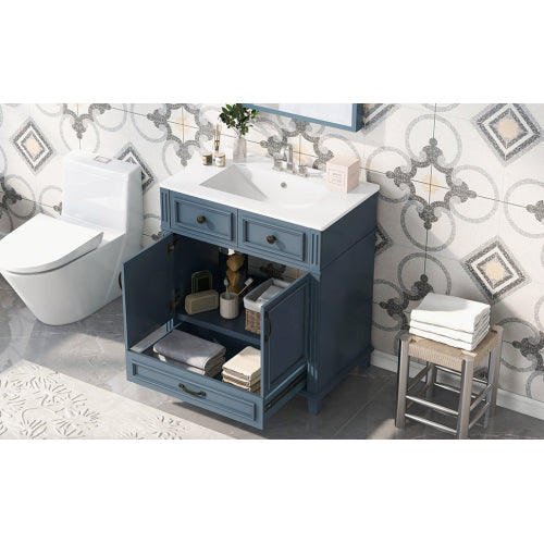 30'' Bathroom Vanity with Ceramic Sink,Solid Wood Frame Bathroom Storage Cabinet with Soft Closing Doors,Retro Style, Blue