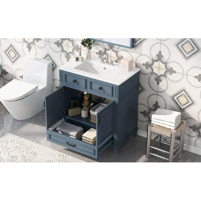 30'' Bathroom Vanity with Ceramic Sink,Solid Wood Frame Bathroom Storage Cabinet with Soft Closing Doors,Retro Style, Blue