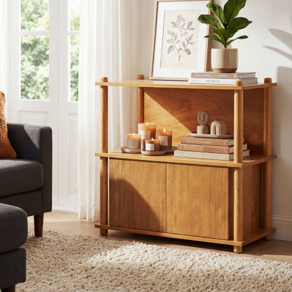 Natural Wood Nightstand, 2 Open Shelves & 2-Door Storage Cabinet Push-to-Open Side Table