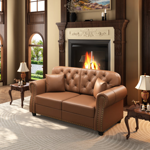 63 inch  Brown Mid-Century Faux-Leather Sofa,Nailhead Trim,Button Tufting,2 Pillows