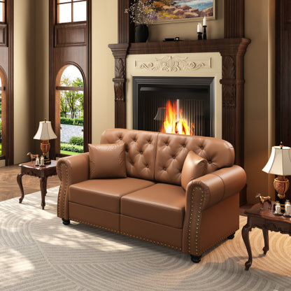 63 inch  Brown Mid-Century Faux-Leather Sofa,Nailhead Trim,Button Tufting,2 Pillows