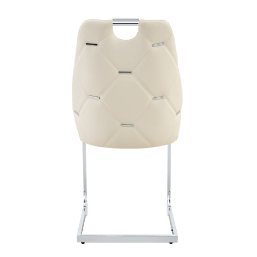 Set of 2 Off White PU Mesh Texture High Back Dining Chairs, Silver Back Ring Chrome Pull Handle Solid Iron Frame