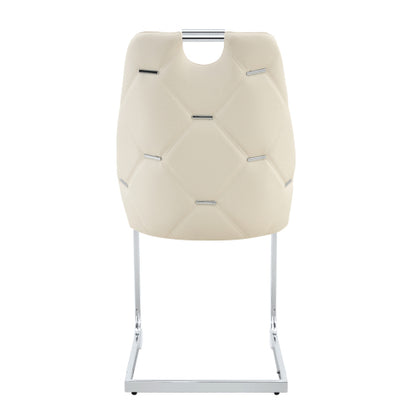 Set of 2 Off White PU Mesh Texture High Back Dining Chairs, Silver Back Ring Chrome Pull Handle Solid Iron Frame