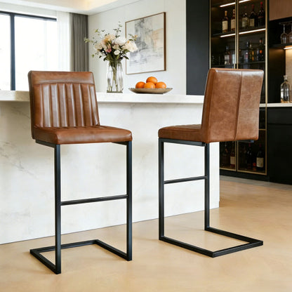 Back Brown Faux Leather Bar Stool ¨C Sturdy Black Metal Frame & Padded Seat, Stylish Seating for Kitchen Island, Home Bar & Dining Counter,2 Sets
