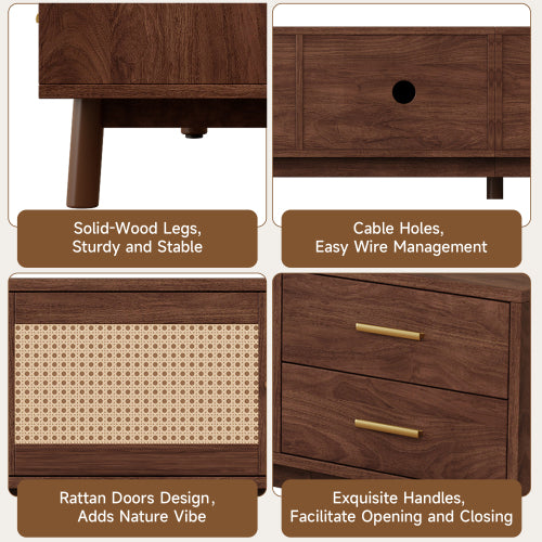 70.87 inch Dark Brown PE Rattan TV Stand 4 Drawer Pine Leg Media Console Fits Up To 80 Inch TV