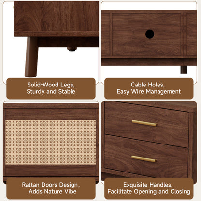 70.87 inch Dark Brown PE Rattan TV Stand 4 Drawer Pine Leg Media Console Fits Up To 80 Inch TV