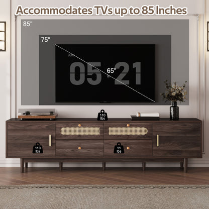 76.8 inch Dark Brown PE Rattan TV Stand Soft Close Cabinets For 85 Inch Large Screen TV