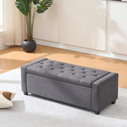 48 inch Grey Faux Linen Tufted Storage Bench, Safety Hinge Armrest Ottoman for Bedroom Entryway Living Room