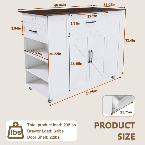 46 inch Kitchen Island on Wheels with Storage & Power Outlet - Movable Rustic Breakfast Bar Table, Wood Top with Adjustable Shelf & Drawer for Kitchen Dining Living Room, White