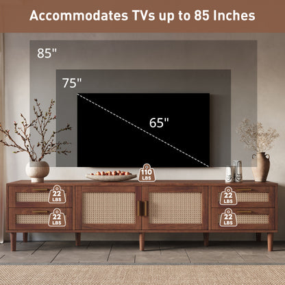 78.7 inch Dark Brown PE Rattan TV Stand 4 Drawers Soft Close Hinges For 85 Inch TV