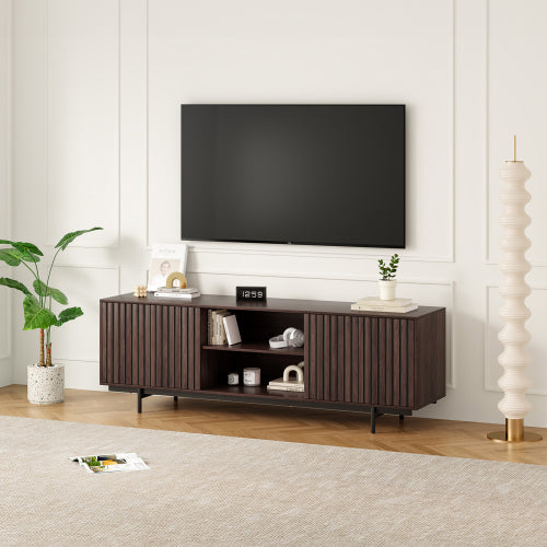 63 Inch Mid Century Farmhouse Fluted Retro Pop-Up Door TV Console for 75 Inch Large TV