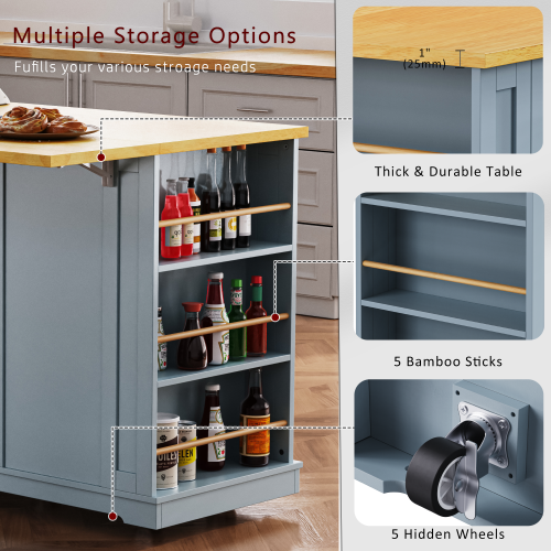 53inch Large Kitchen Island with 2 Bar Stools,Power Outlet,Door Internal Storage Rack,Kitchen Storage Cart on 5 Wheels with Drop Leaf,5 Open Side Racks,3 Drawers,Grey Blue (Three Packages)