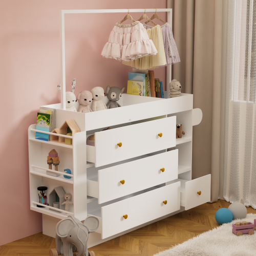 Modern Table Dresser,Baby Dressing Table with 3 extra deep Drawers and Storage Shelves and Hangers, Multi-Functional Baby Changing Table with Drying Rack for Nursery, White