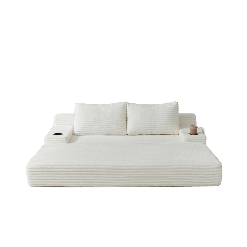 70.8-inch corduroy two-in-one sofa bed, featuring a lounge chair with two throw pillows, built-in cup holders in the armrests, and side storage pockets-ideal for living rooms, bedrooms, and relaxation