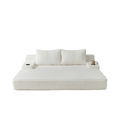 70.8-inch corduroy two-in-one sofa bed, featuring a lounge chair with two throw pillows, built-in cup holders in the armrests, and side storage pockets-ideal for living rooms, bedrooms, and relaxation