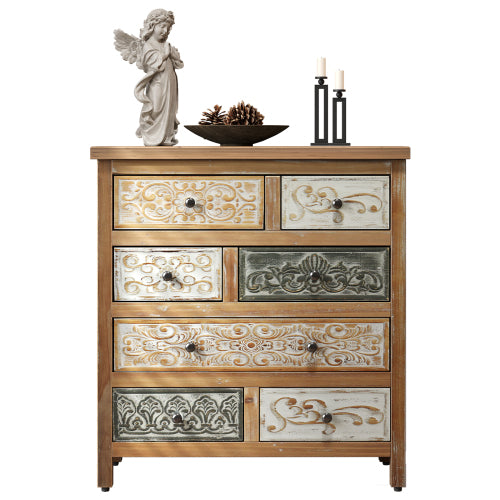 Vintage Wooden Accent Chest with 6 Drawers, Rustic Multicolor Carved Storage Dresser for Bedroom, Living Room, Farmhouse Style Decor (25.59" L x 12.6" W x 33.07" H)