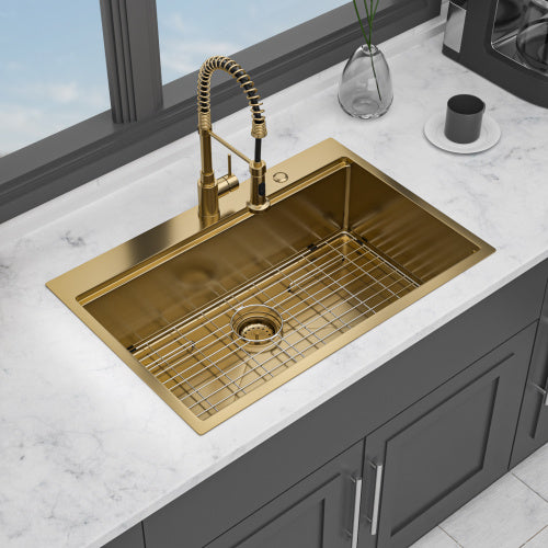 33" Drop in Gold Kitchen Sink - 33 x 22 x 10 inch Kitchen Sink Drop-in Topmount Single Bowl 16 Gauge Stainless Steel Ledge Workstation Kitchen Sinks