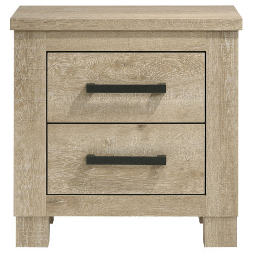 Weathered Oak 2-Drawer Farmhouse Nightstand, Engineered Wood Bedside Table with Dark Bronze Pulls